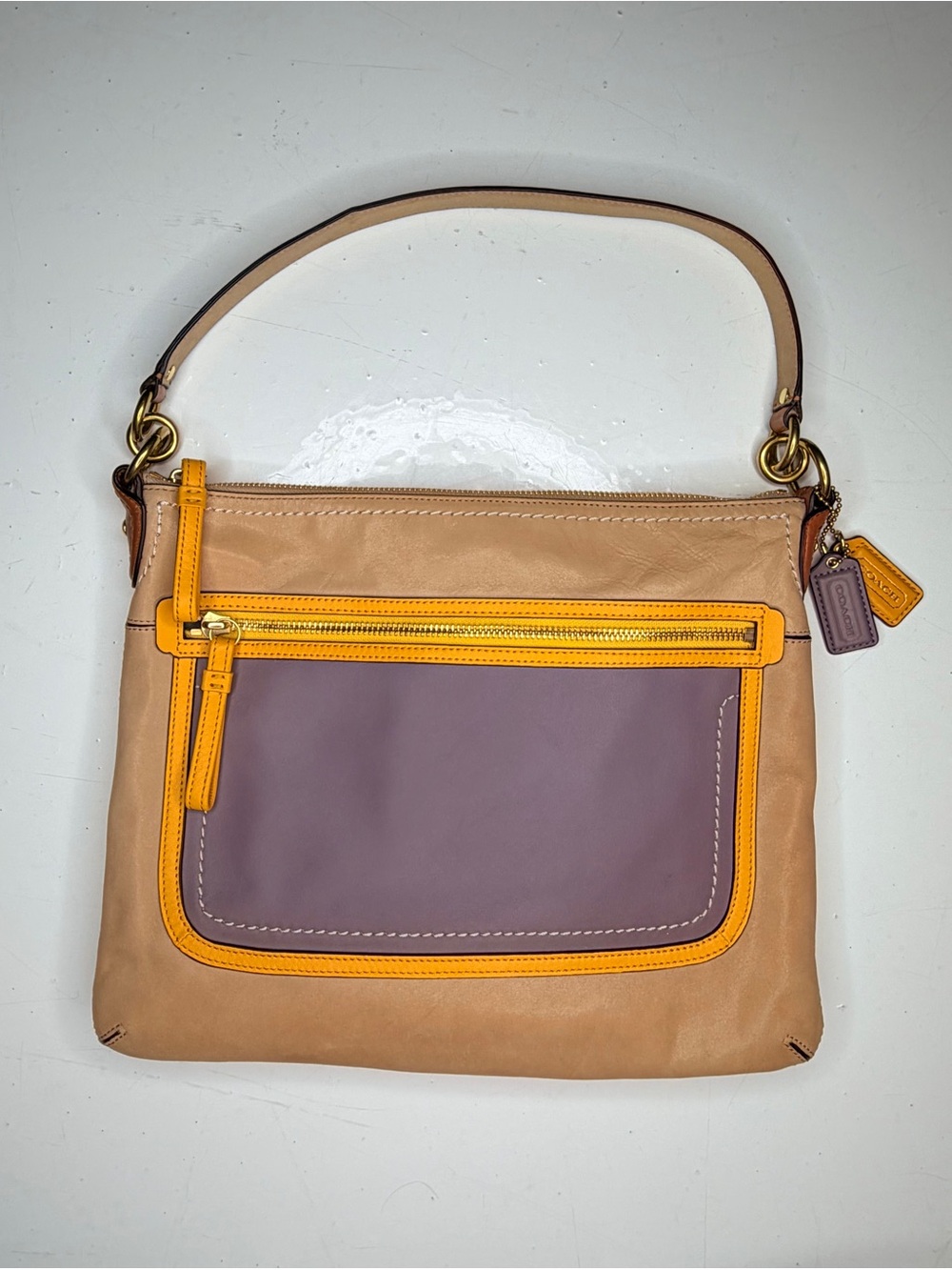Coach Tan Leather Shoulder Bag with Purple Front Pocket & Yellow Trim